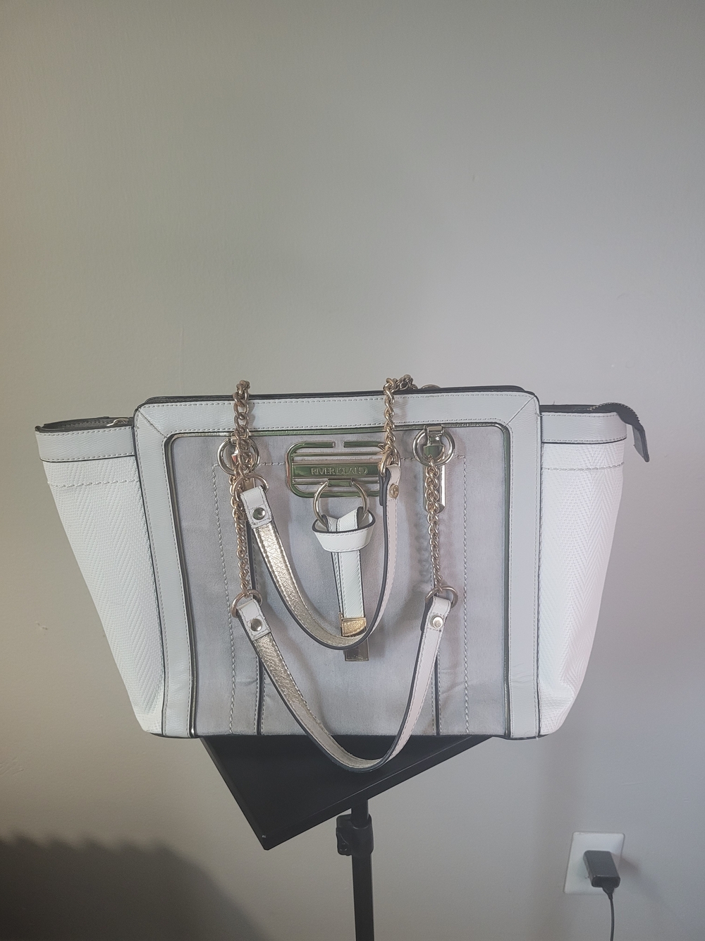 River Island White and Metallic Chain-Detail Tote Bag item has multiple stains
